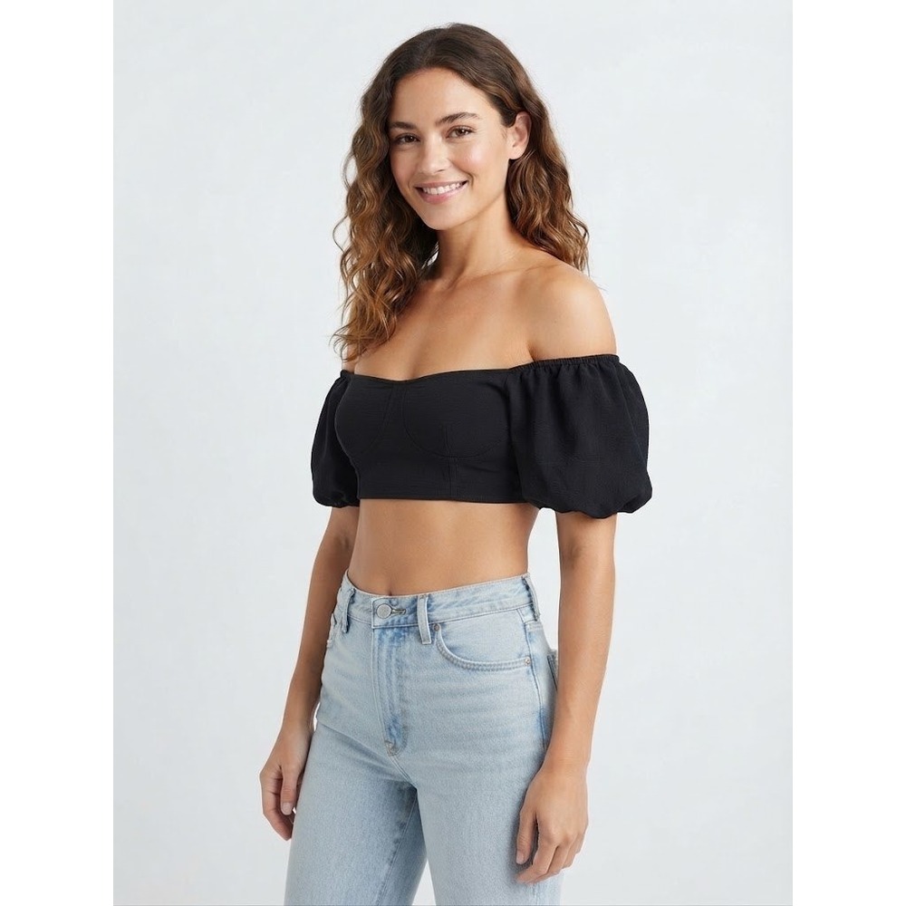 Hyfve Crop Top Women Medium Black Excellent Puff Sleeve Square Neck HF22E642-SET